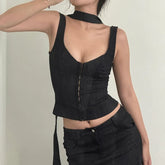 Black Button Up Corset Top Casual Solid Sleeveless Skinny Tank Tops for y2k Vintage Clothing Streetwear Basic Vest